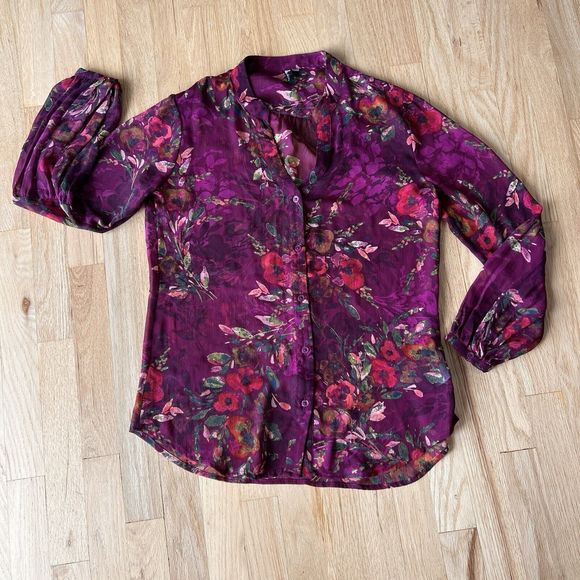 KUT from the Kloth Women Top Size M  Purple Floral‎ Sheer High Low Blouse BOHO - Picture 1 of 6